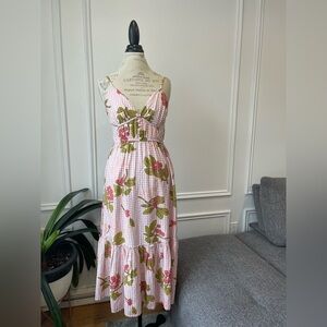 V neck floral pink gingham dress